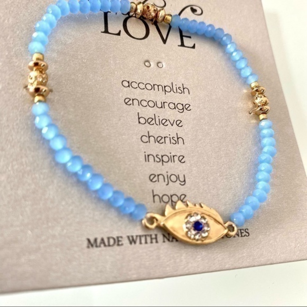 Evil eye & blue / gold natural stone beads stretch bracelet
